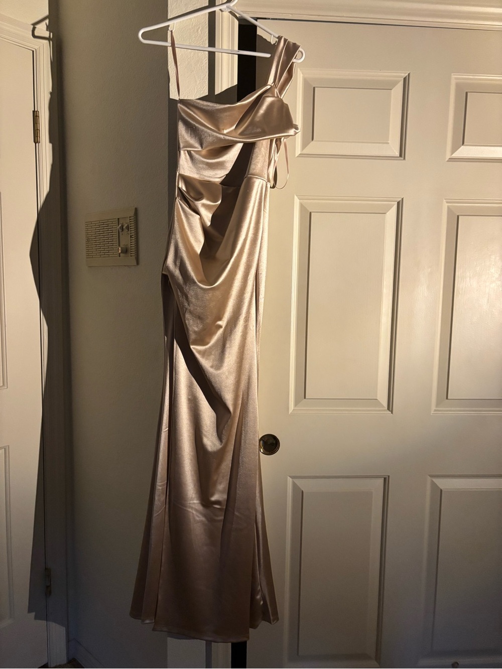 Windsor Satin One-Shoulder Champagne Prom Dress